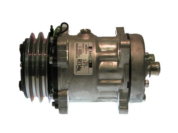 Front view of Sanden style A/C compressor model 4744 showing pulley grooves and label.